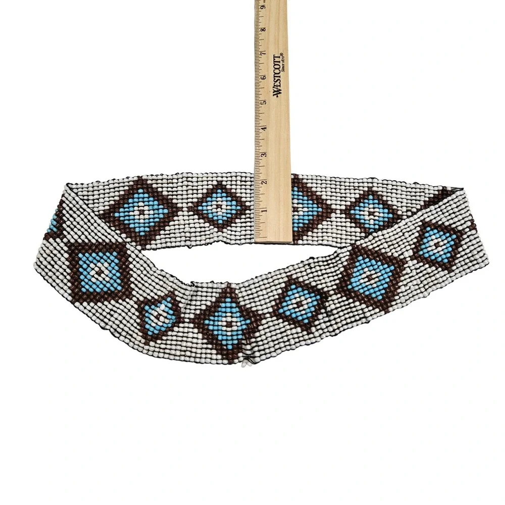 Handmade Beaded Belt White Blue Brown Diamond Boho Southwestern 15